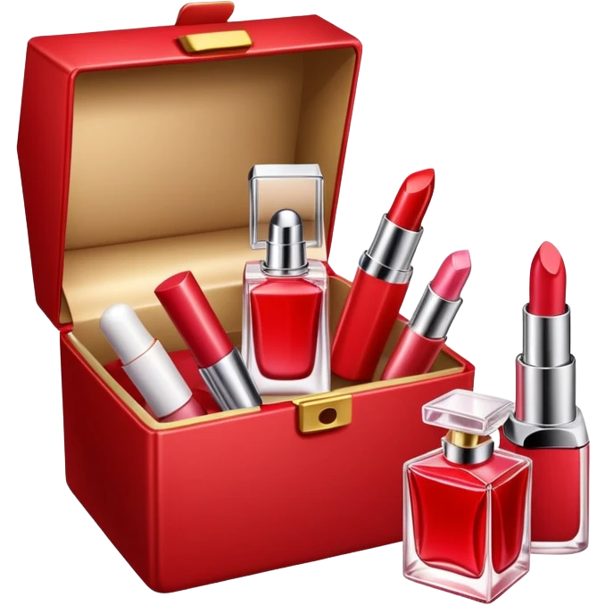 an opened box with a few beauty items such as lipstick and perfume emoji