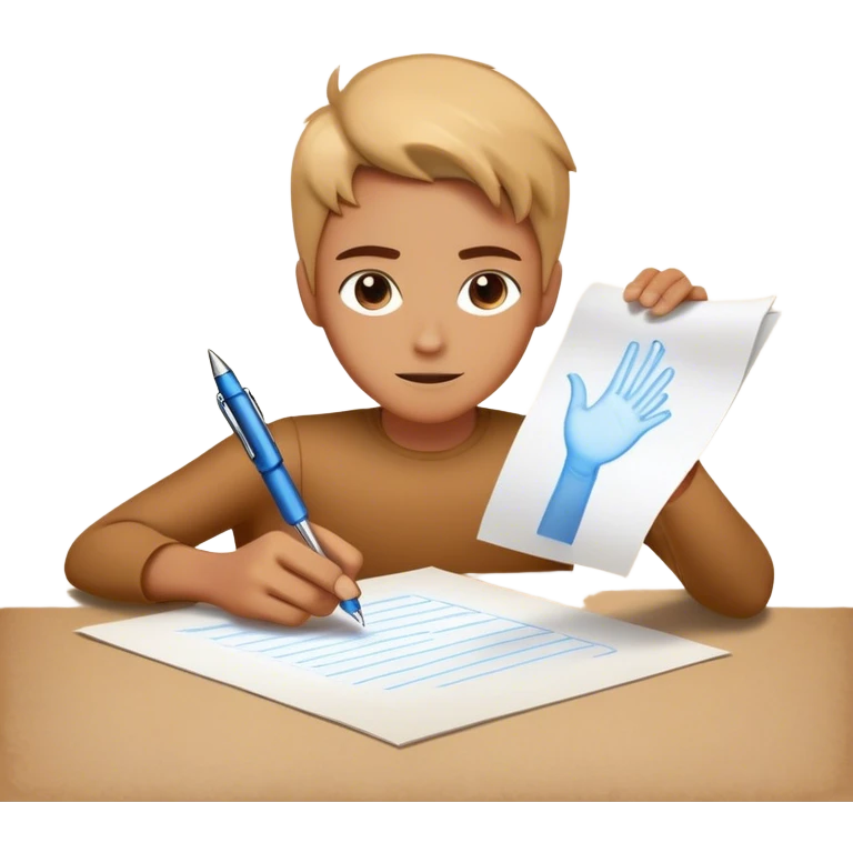 A future self, slightly translucent and glowing, reaches out from a paper, extending a pen toward the present self. The gesture is firm yet encouraging, symbolizing the act of breaking free from procrastination and taking control. The paper represents the unfinished task, and the glowing exchange s emoji