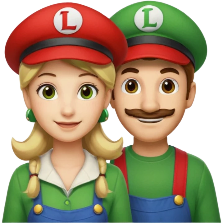 blonde female Luigi (with the Luigi green hat with an L on it) and a normal brown hair male Mario with the red hat with a M on it. They are friends just smiling. This video game emoji