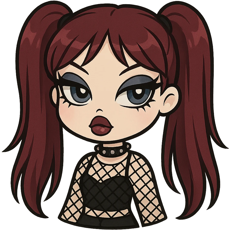 bratz-inspired emo girl, burgundy long hair in pigtails, pale skin, blue eyes, dramatic eyeliner, fishnet top, chibi sticker style emoji