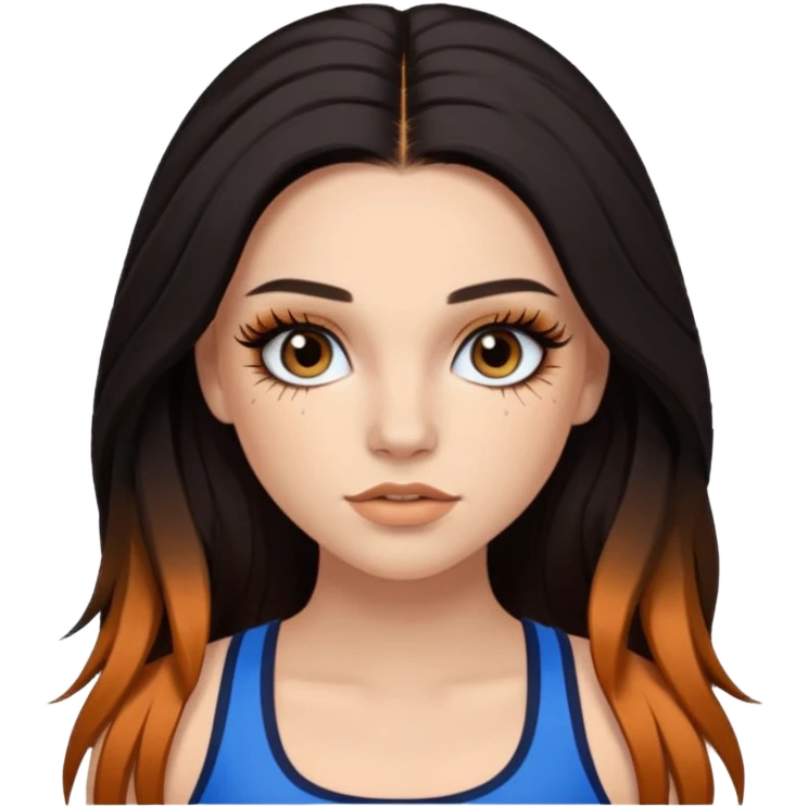 Pale girl with long black/brown hair with ginger streaks,wearing fake lashes,latina baddie makeup and a blue crop top emoji