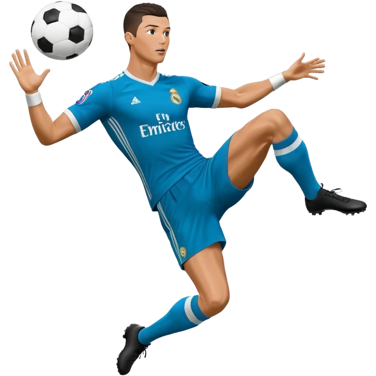 Ronaldo doing a bicycle kick with football in mid air While wearing a Retro blue Real madrid kit and yes i want it to be exactly the same as he Scored it in 2018 vs Juventus  emoji