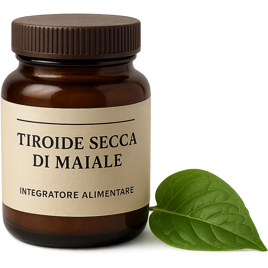 supplement jar labeled 'Tiroide Secca di Maiale' next to a green leaf suggesting natural origin, isolated on white, neutral light, hyperrealistic 4K emoji