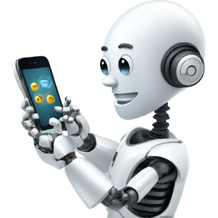 fancy stylish techy ai assistant robot typing a message a message on his iphone while greeting with his smile emoji