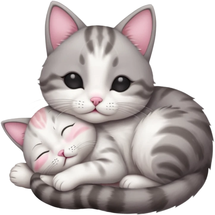 grey and white small cat with eyes closed lying down upside down tightly hugging its own face emoji