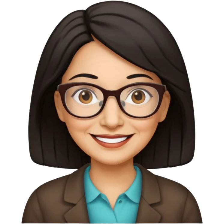 Older Hispanic woman smiling with black-brown hair and wearing reading glasses  emoji