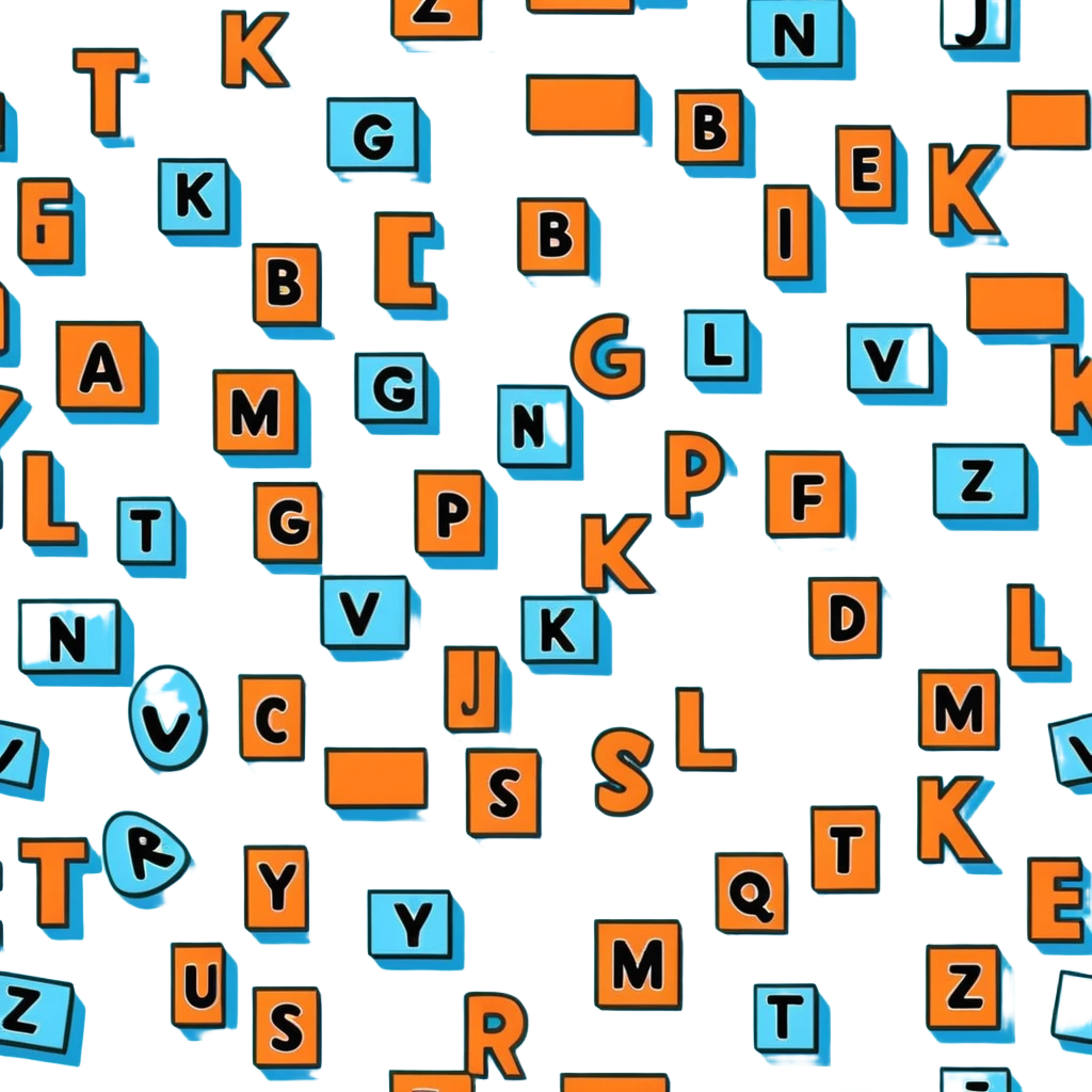 scattered pastel blue wooden alphabet blocks with letters emoji