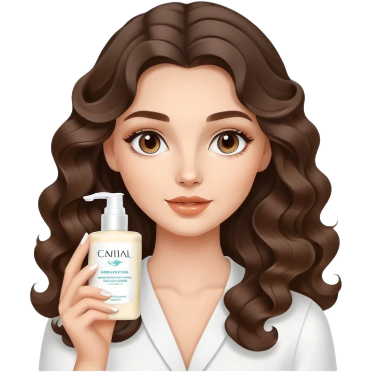 beautiful brunette with a light balayage white girl with nice curls/defined waves, very long hair, clean girl makeup APPLYING A FACE CREAM FOR SKINCARE emoji