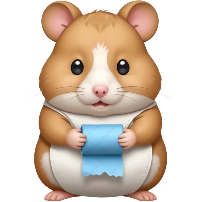 Cute chubby cartoon-style hamster sitting on toilet holding toilet paper looking as if he had an accident, sticker-style illustration emoji