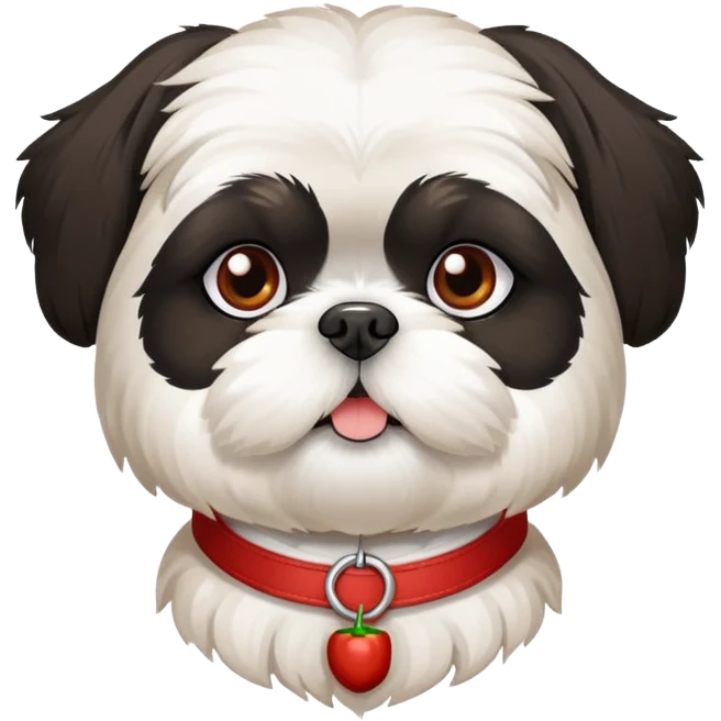 a black and white shi tzu with a collare that has the name "Chilli" on it emoji