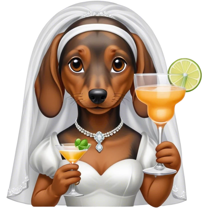 Dachshund with bridal veil and cocktail emoji