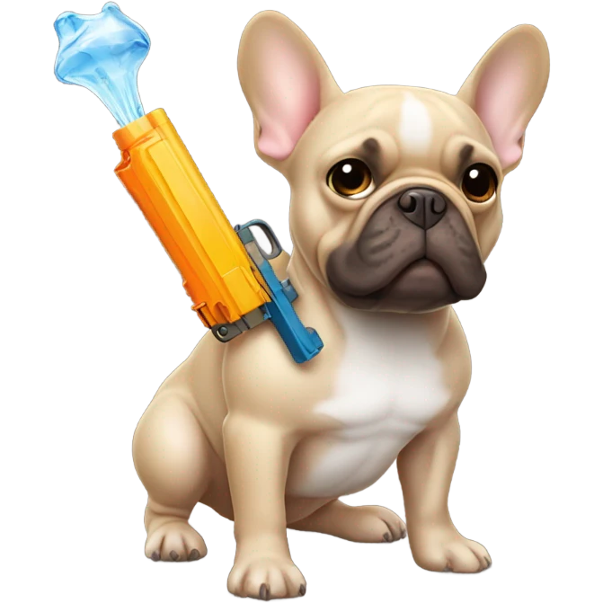 brown french bulldog holding  a water pistol emoji