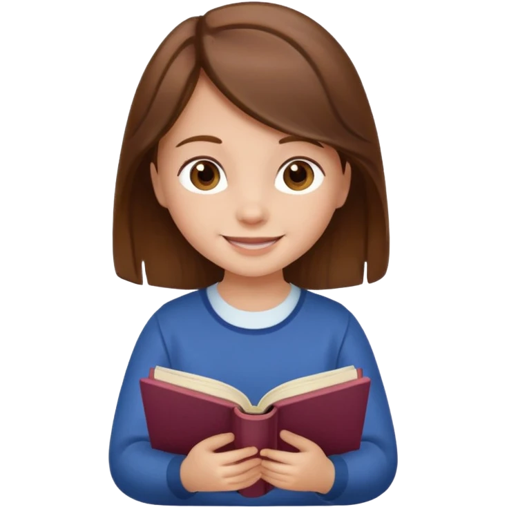 Niña pequeña de cabello castaño leyendo un libro feliz emoji