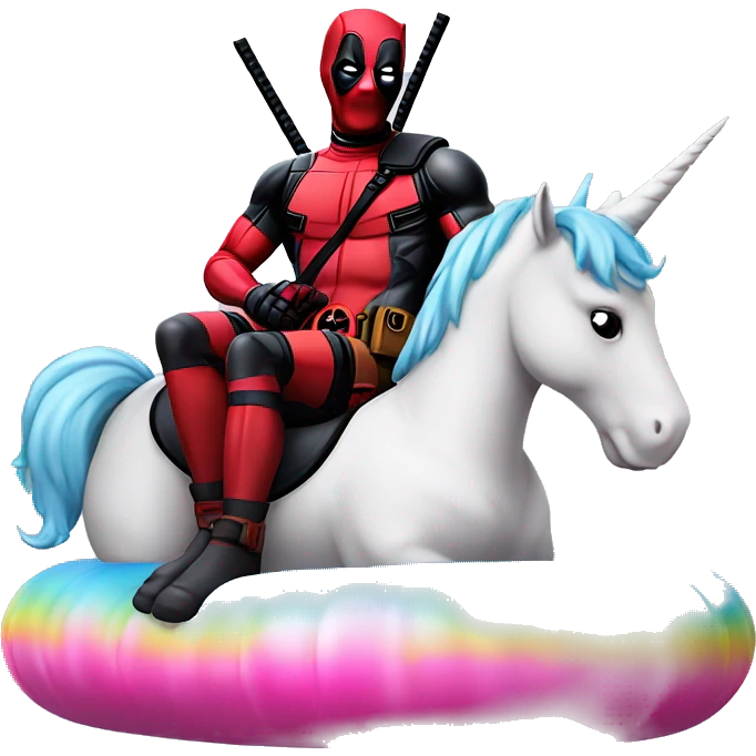 Deadpool chilling on a unicorn floatie emoji