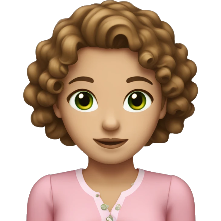 a brown-haired girl with green eyes, curly hair and a pink blouse emoji
