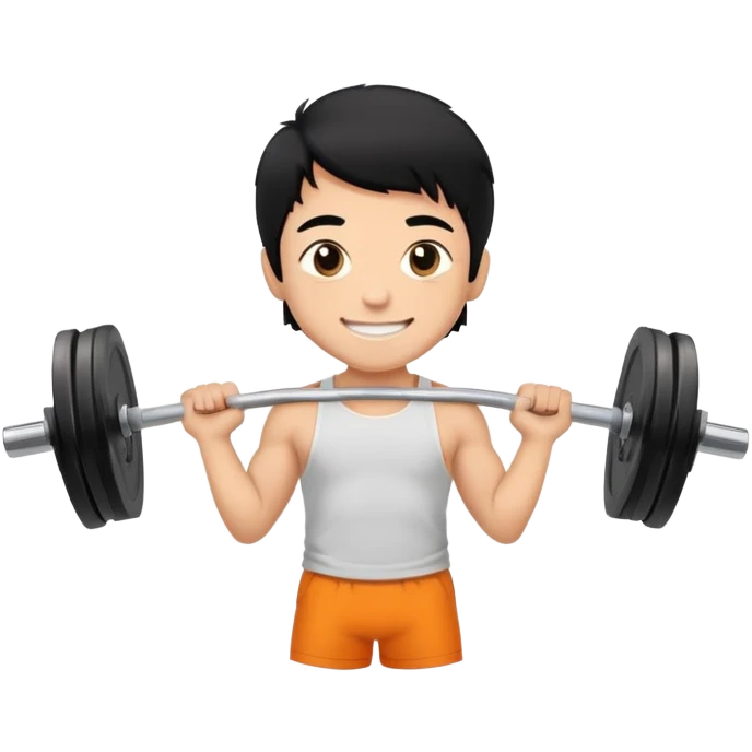 smiling boy with black hair is doing barbell training emoji