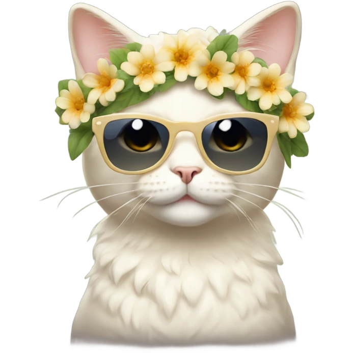 Cream cat wearing sunglasses, wearing a flower crown emoji