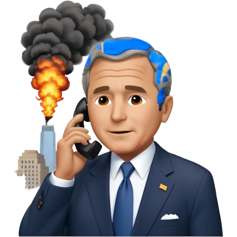  emoji of the world trade center with a plane crashed into it and george bush on a phone in front of them emoji