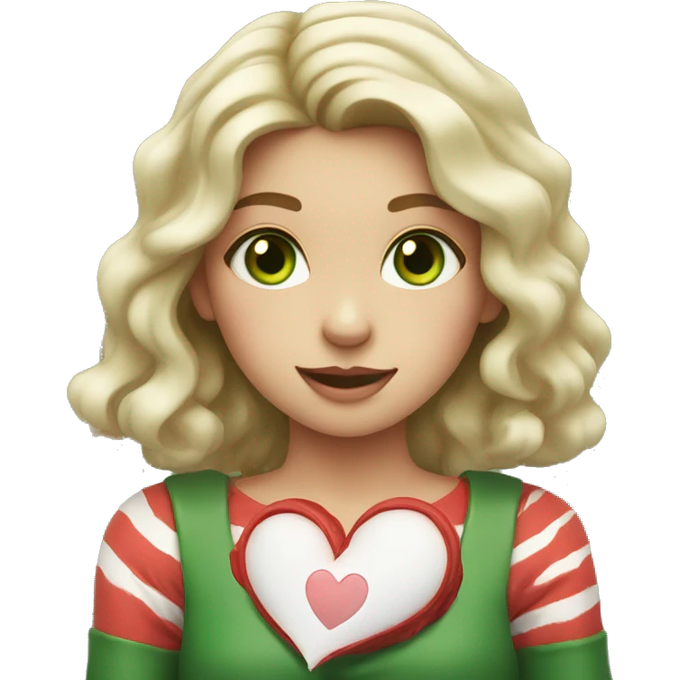 girl with red wavy stripes and green eyes with a heart in her hands emoji