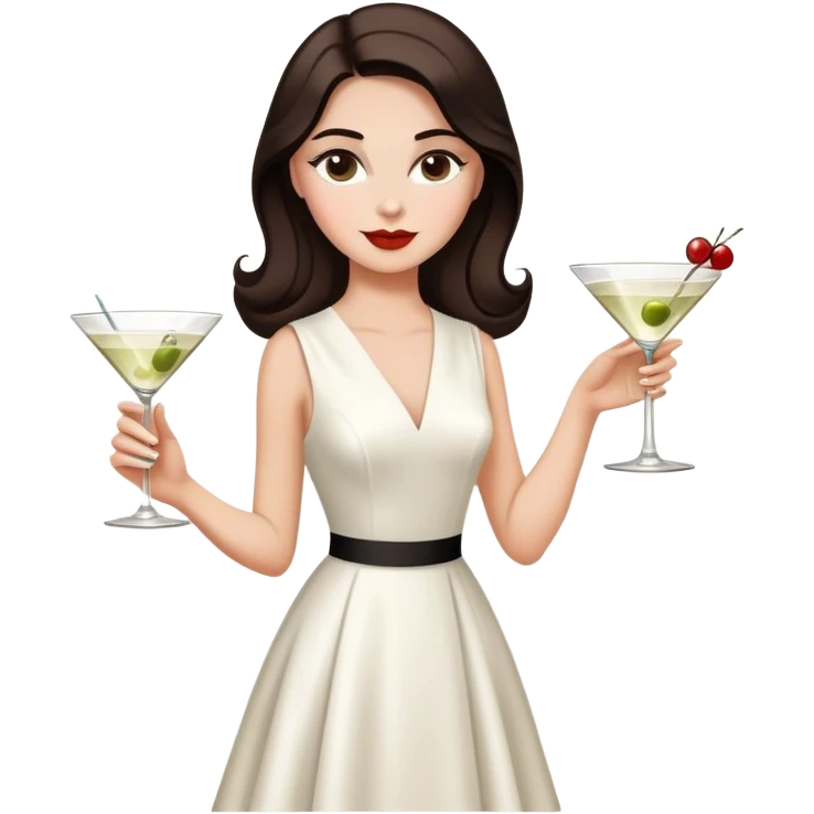 Beautiful woman in 1950’s woman fashion look, white dress, long dark brown hair, martini  emoji
