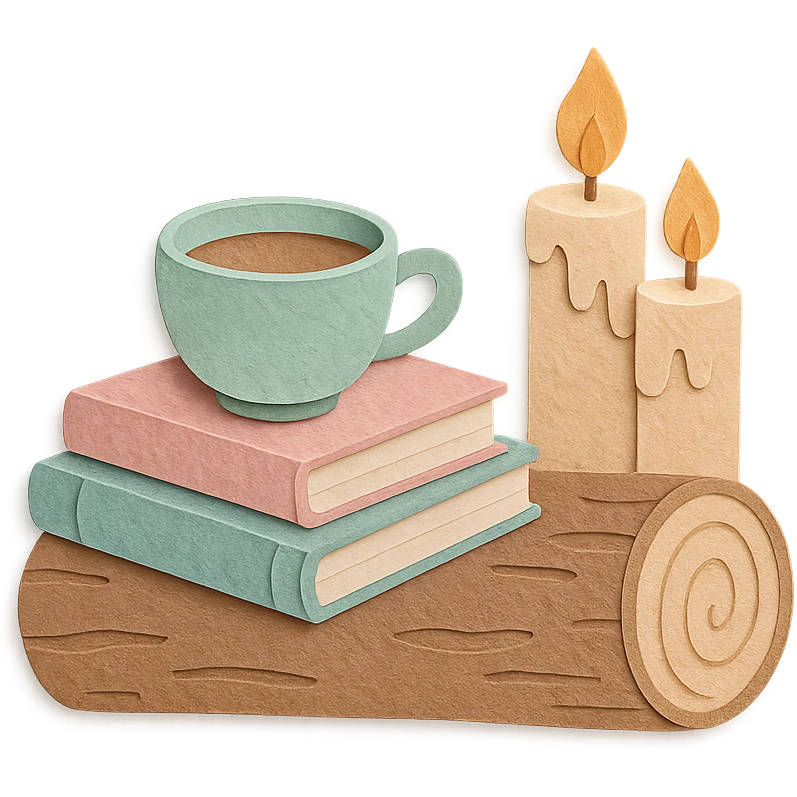 a log with tea, books, and candles, soft forest journaling mood, soft pastel colors, paper-craft style emoji