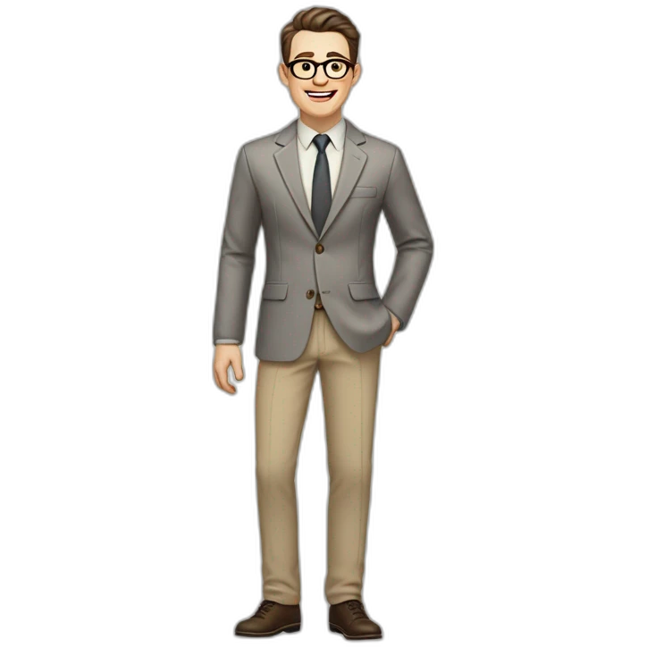 Joyful Full height Pale skinned Fit Man With dark brown hair in gray classic jacket, beige office shirt, Brown pants and vintage glasses. His thrumbs up emoji