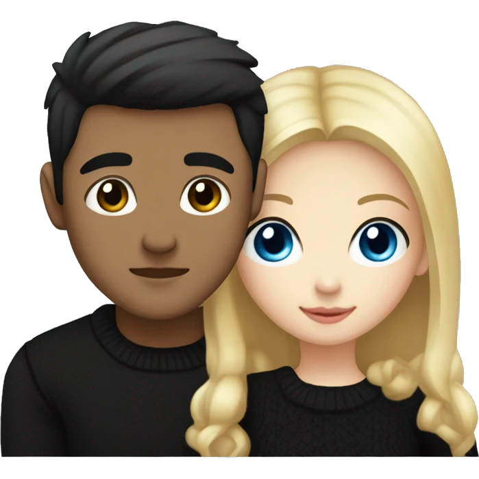 Blonde girl with blue eyes in black sweater and an east asian man with black hair and black eyes hugging emoji