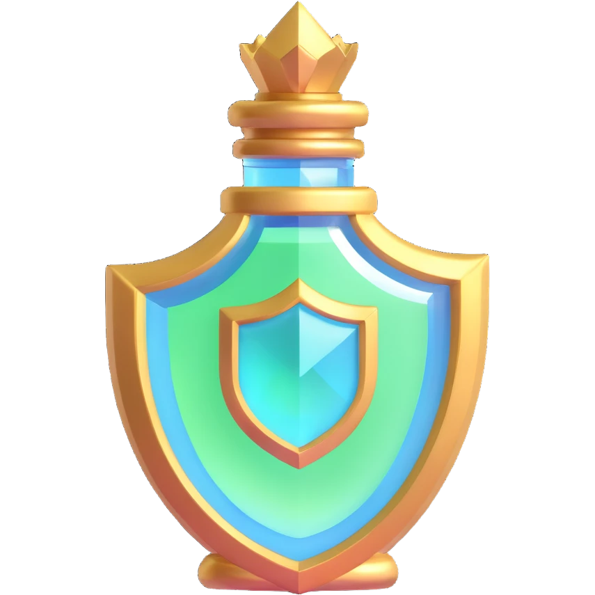 crystal elixir bottle, shield shape, #7986cb, gold trim, magical glowing effects, 🛠 symbol, floating, seamless bottom, modern luxury, no shadow emoji