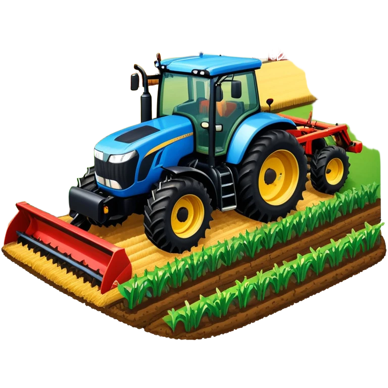 An icon representing a Farming Simulator 22, with a detailed tractor, plowing fields under a bright sky with a colorful rural landscape. The design includes farming tools, crops and barns, symbolizing the immersive experience of managing a farm. Transparent background. emoji
