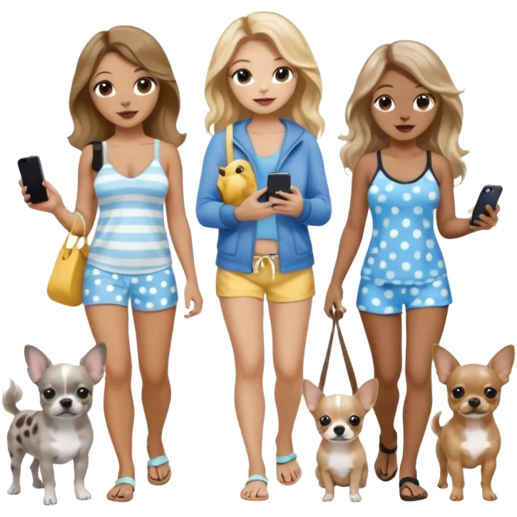 Three pretty women in beach clothes walking 2 dogs, blue and gray spotted Merle Frenchie and walking a black and tan chihuahua puppy, holding iPhone, hazel eyed light skin with dark blonde long hair and light light skin hazel eyed long wavy brown hair, blue eyed light skin long blonde hair  emoji