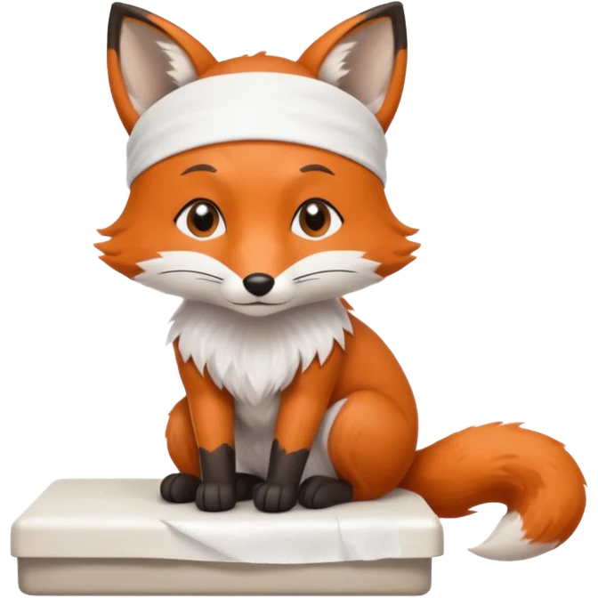 A small fox patient with bandaged tail, sitting shyly on the exam table.
 emoji