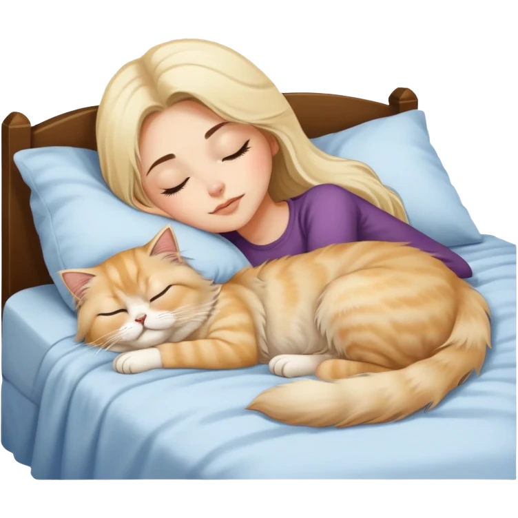 pretty girl with dark long hair sleeping with blonde fluffy  persian cat in bed emoji
