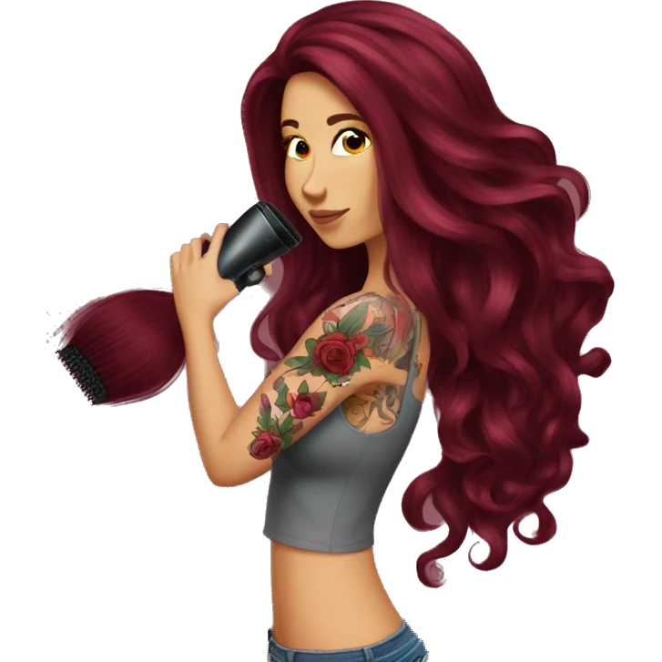Beautiful tattooed  burgundy long haired woman blow drying her hair emoji