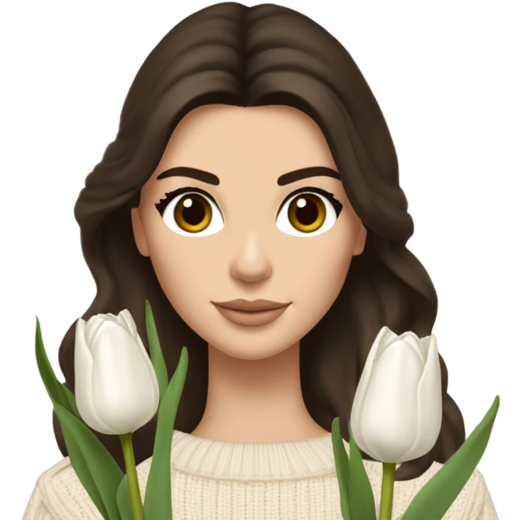 brunette Kendall Jenner with soft and long and brown hair her eyes brown and Holding a bouquet of white tulips Her hair is wavy and shiny With light brown sweater just one  emoji