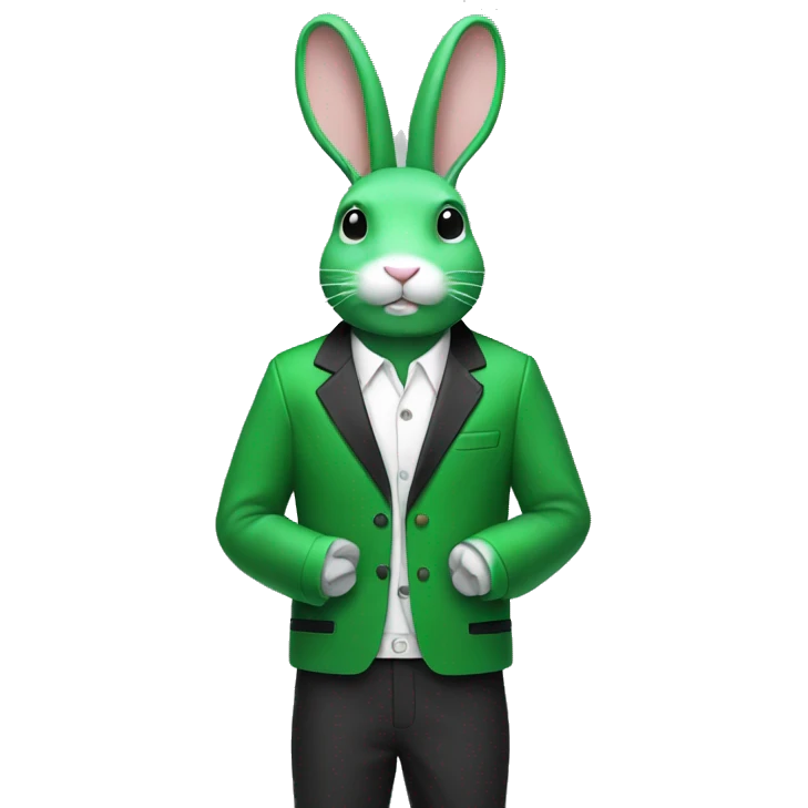 Green rabbit with white strings on jacket with the jacket being black and white.  emoji