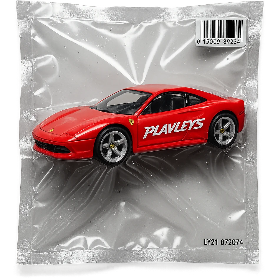 red Ferrari in Hot Wheels packaging, 'PLAVLEYS' in stylized racing script on the door, glossy vacuum-sealed style emoji