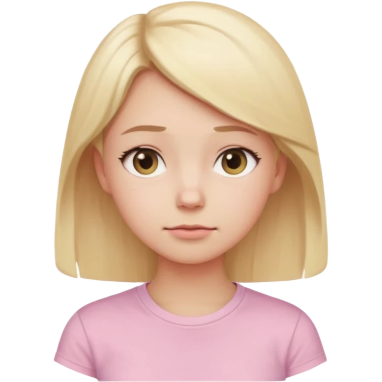 A cute emoji-style girl with light blonde hair and a soft pink t-shirt, looking thoughtfully into the distance, gentle expression, slightly furrowed brows, dreamy eyes, clean white background, simple and smooth vector-like design, pastel tones, 2D flat illustration, high clarity, emoji aesthetic emoji