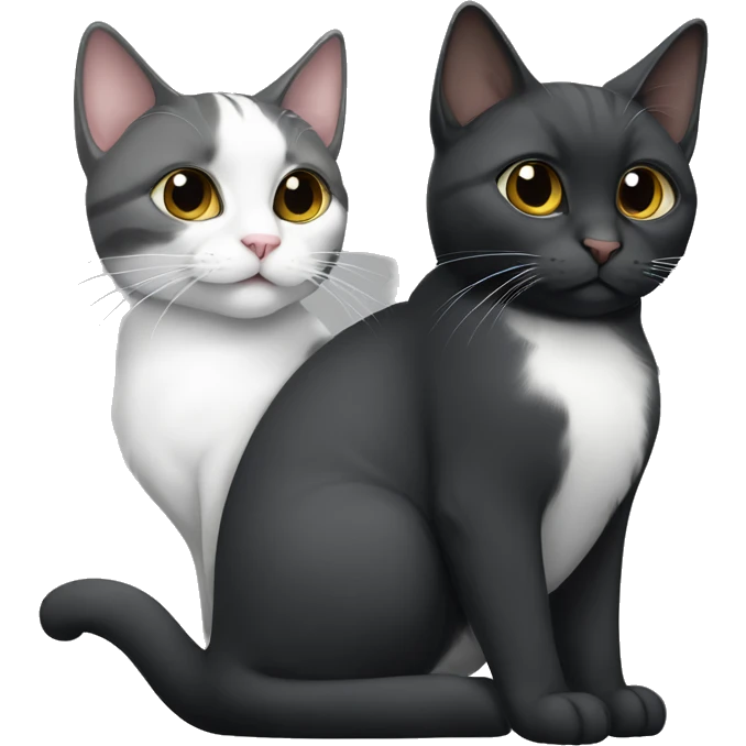 TWO cats: one that is dark grey and white, and one that is black emoji