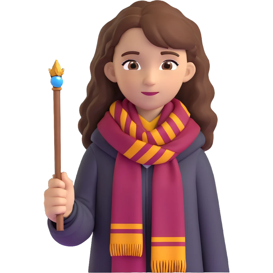 Hermione Granger with wand and Gryffindor scarf emoji