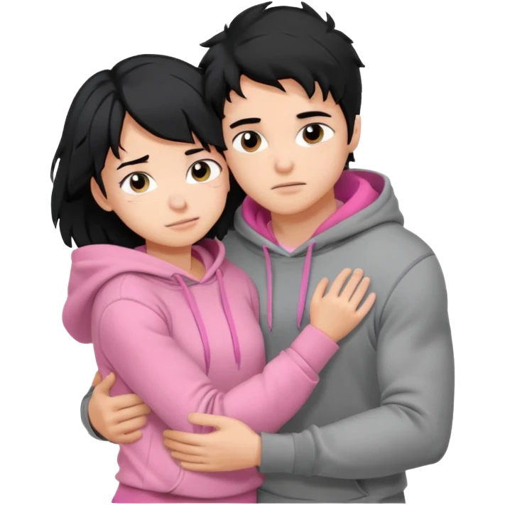 generate a pretty bratz fair skinned boy with messy black hair in a grey hoodie. Hugging his girlfriend who is wearing pink. Make him muscled. Boy in grey hoodie, girl in pink emoji