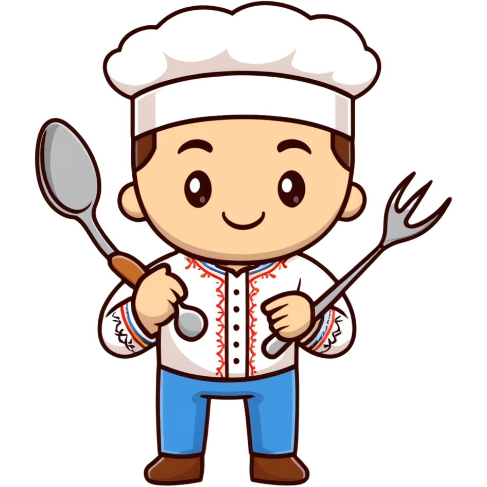 Ukrainian man in traditional white embroidered shirt holding a ladle and kitchen shears emoji