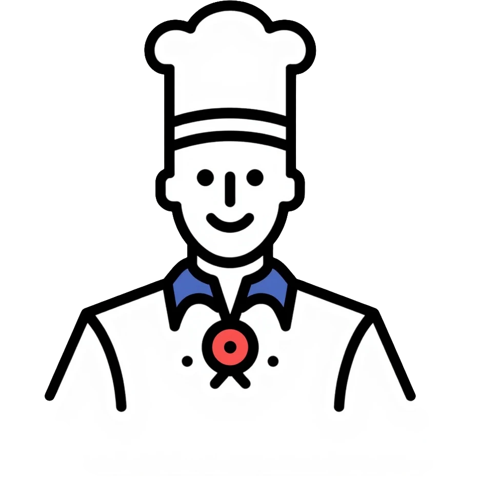 a pastry chef wearing the official uniform of Meilleurs Ouvriers de France (MOF) with a distinctive blue, white, and red collar, white chef coat, chef's hat, and medal emoji