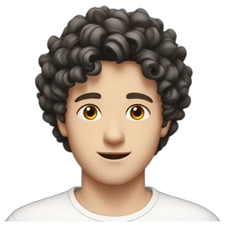 young white European guy with a white shirt and curly black hairs emoji