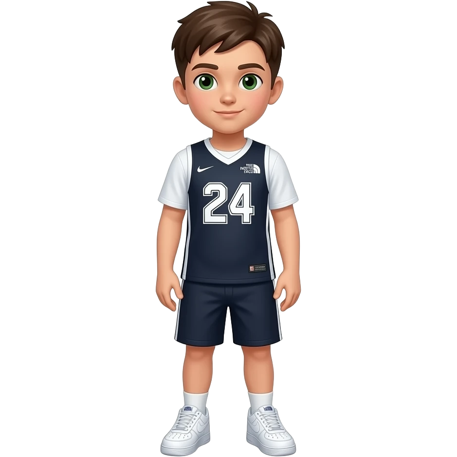 Hazme con el cuerpo entero de pie un chico con pelo corto marrón ojos verdes y marrones i que tenga un jersey de north face i unos zapatos air force one blancas. i que sea mediano emoji