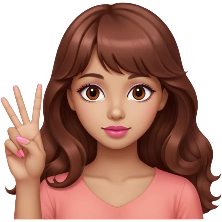cute woman, light tan skin, big dark brown eyes, very long wavy auburn hair, bangs, pink top, coral lipstick, peace sign emoji