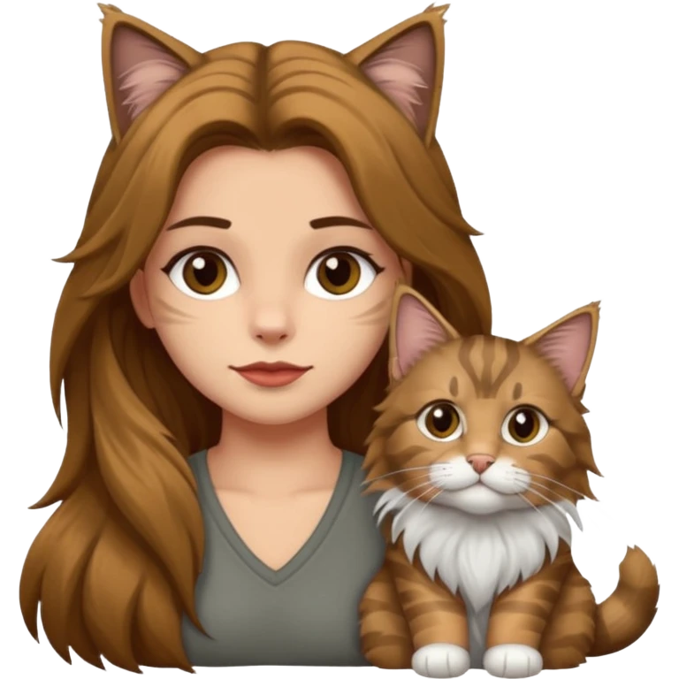 Emojis de una chica de pelo castaño largo sujetando un gatito gordo peludo mainecoon de colores gris negro y marrón  emoji