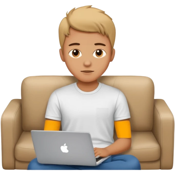 A young guy is lying on the sofa with a laptop emoji