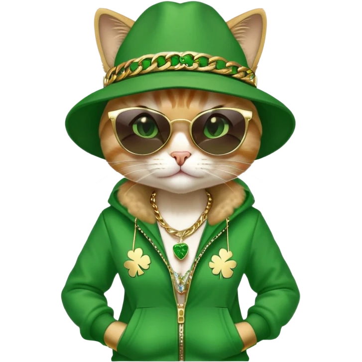 female cat in hip-hop Run DMC outfit, green tracksuit, fedora with shamrock, dark sunglasses, gold chains, bling accessories, St. Patrick's Day theme emoji