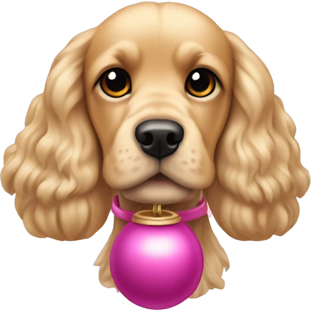 Blond cocker spaniel wearing a pink sleighbell emoji
