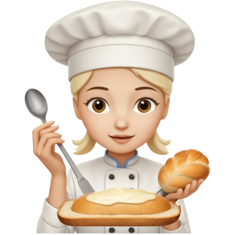 Young female baker - white chef hat, squeezing white cream pattern on bread emoji
